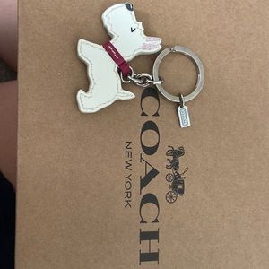 White patent leather Westie/Scottie dog with hot pink collar Coach key chain.